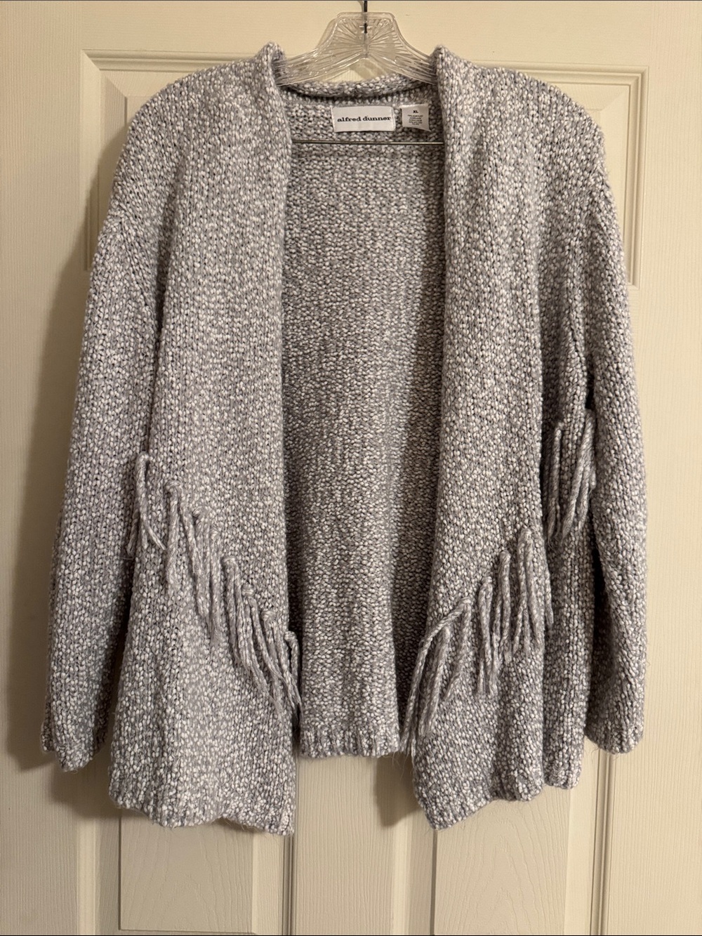 Alfred Dunner Gray Bouclé Open-Front Cardigan with Fringe